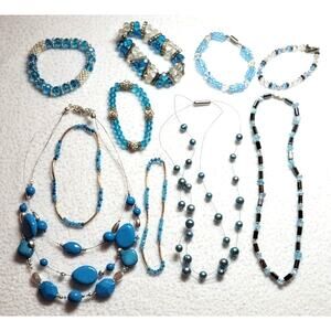 10 Pc Beaded Necklaces Bracelets Lot Blue Glass Acrylic Beads Hematite Boho Y2K